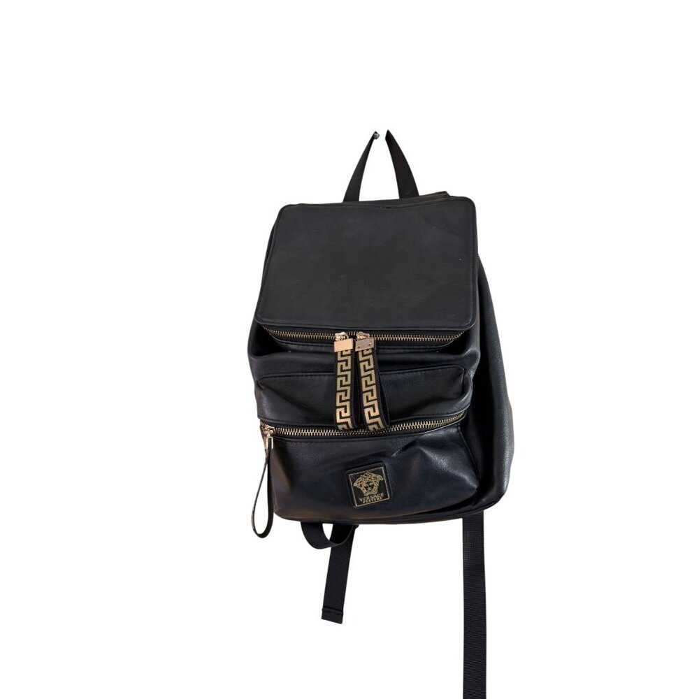 Versace Parfums Mens Faux Leather Black Backpack with Gold Details Modern